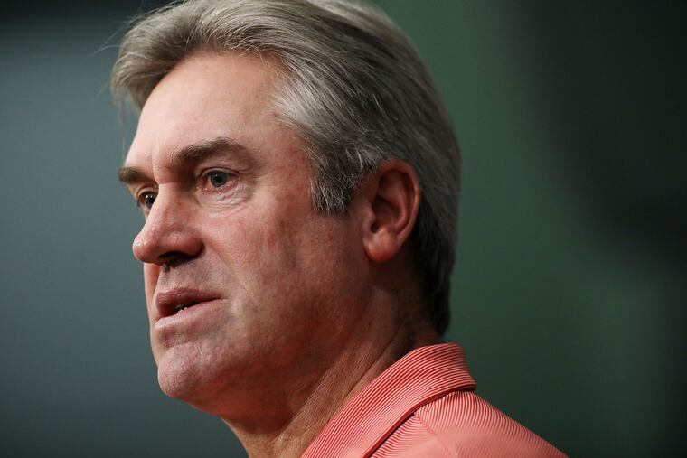 Eagles coach Doug Pederson speaks during a news conference at the NovaCare Complex in January.