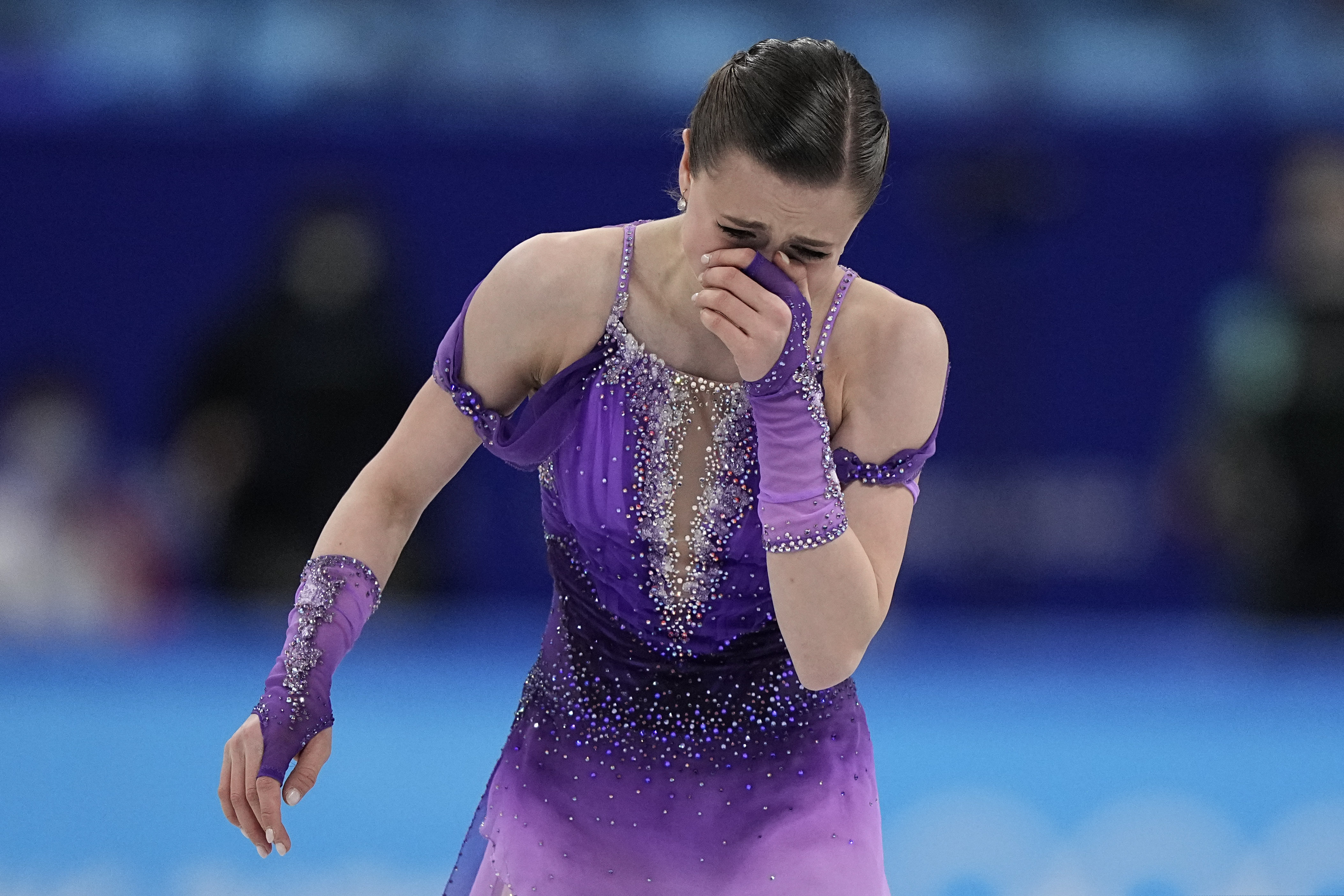Kamila Valieva, of the Russian Olympic Committee, reacts in the women's short program.