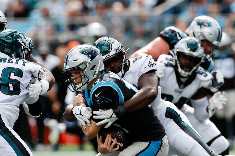 Eagles defensive tackle Javon Hargrave sacks Carolina Panthers quarterback Sam Darnold during the second quarter on Sunday.