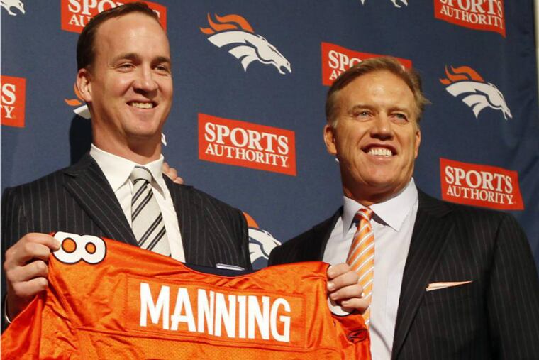 Broncos quarterback Peyton Manning (left), like owner John Elway, is retiring after winning the Super Bowl.