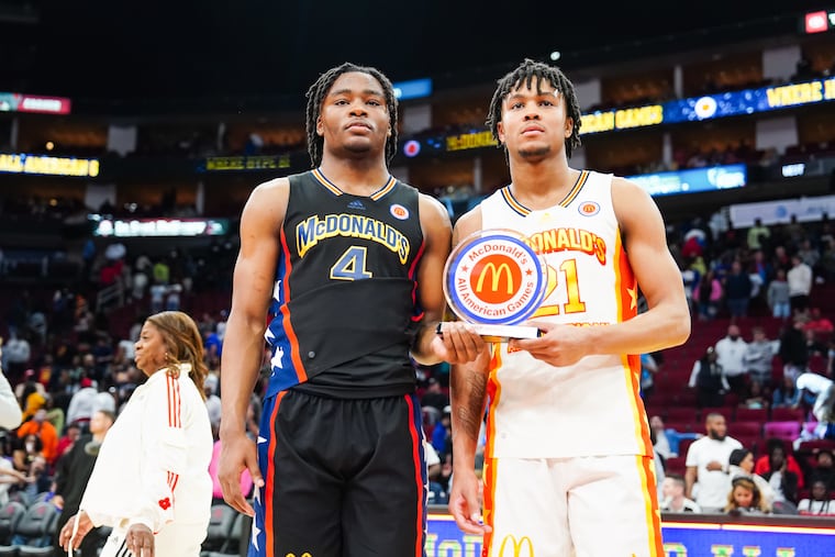 Isaiah Collier of the West team and DJ Wagner of the East team receive Co-MVP honors after the completion of the 2023 McDonald's High School Boys All-American Game at Toyota Center on March 28 in Houston, Texas.