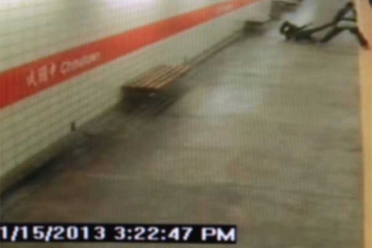 SEPTA surveillance video records a woman being robbed and assaulted on a subway platform Tuesday. The suspect was arrested in the distinctive jacket visible on video.