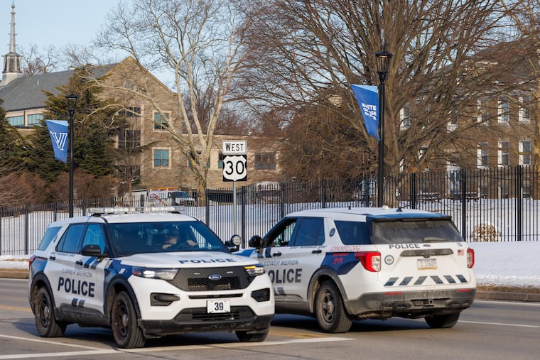 Lower Merion police vehicles are seen along Lancaster Avenue, beside Villanova University campus on Jan. 22, 2026.