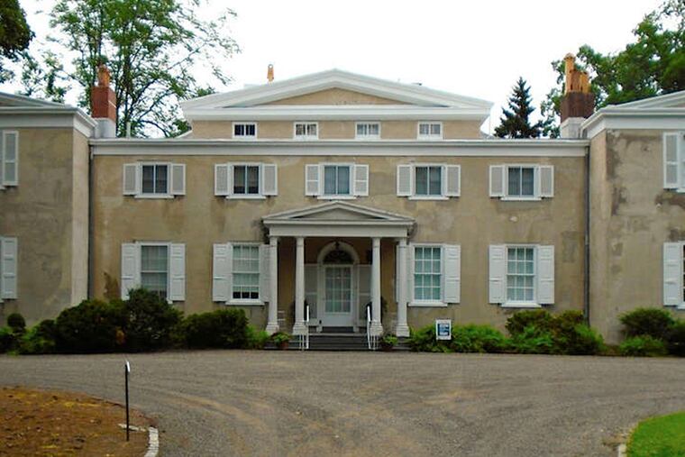 The main house at Andalusia, the home of 19th-century financier Nicholas Biddle and his family. The grounds contain a restored grapery that Biddle had built.