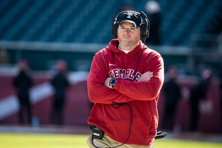Temple Owls head coach Rod Carey on the sidelines during the last home game against the Navy Midshipmen at Lincoln Financial Field on Saturday, Nov. 27, 2021. Temple lost, 38-14,