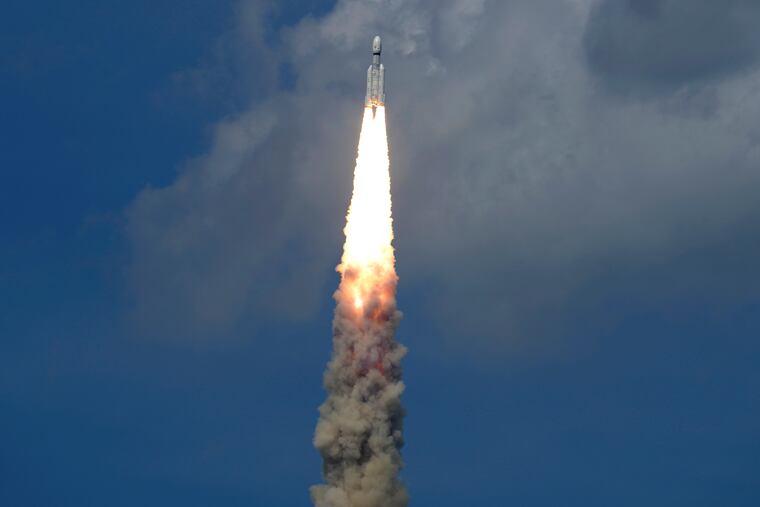 Indian spacecraft Chandrayaan-3, the word for "moon craft" in Sanskrit, blasts off from the Satish Dhawan Space Centre in Sriharikota, India, on Friday, July 14, 2023.