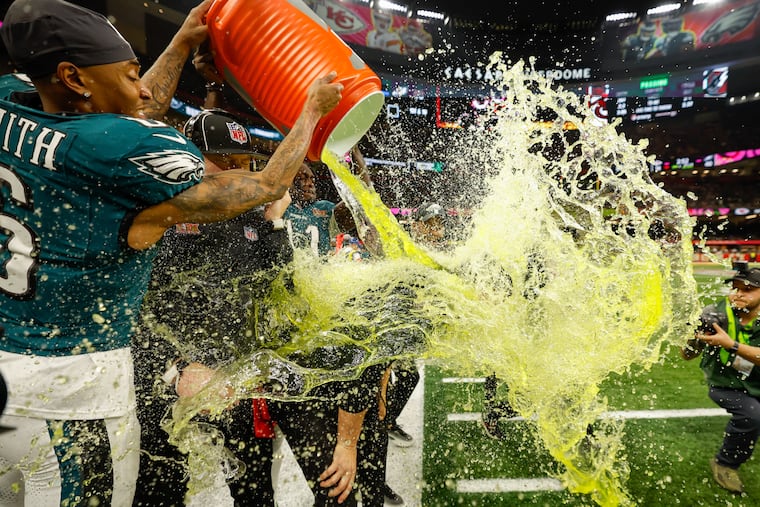 Philadelphia Eagles head coach Nick Sirianni gets a celebratory Gatorade bath late in the fourth quarter of the NFL Super Bowl LIX game Sunday in New Orleans.