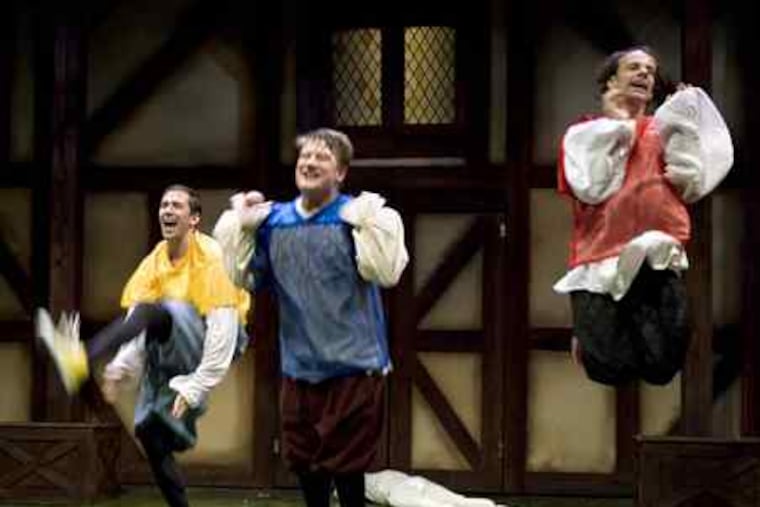 Shawn Fagan (left), Chris Faith, and Christopher Patrick Mullen, all endearingly off-balance and finely timed in "The Complete Works of William Shakespeare (abridged)."