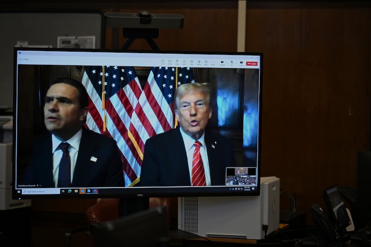 President-elect Donald Trump appears on a video feed for his sentencing for for his hush money conviction in a Manhattan courtroom on Friday, Jan. 10, 2025.