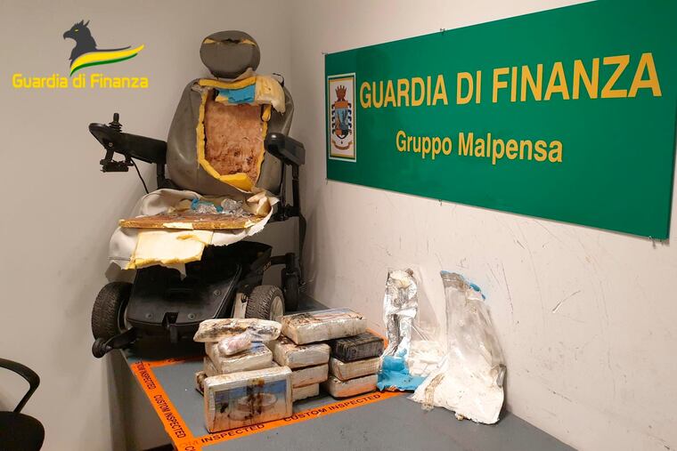 The motorized wheelchair used to conceal nearly 30 pounds of cocaine at Milan airport.
