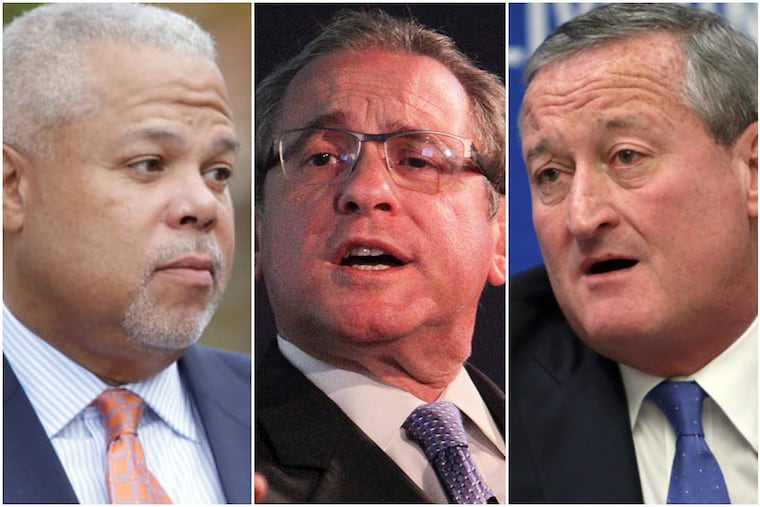 State Sen. Anthony Hardy Williams, left, may challenge Mayor Jim Kenney, right, in the May 21 Democratic primary. Former city controller Alan Butkovitz, center, has filed as a candidate.