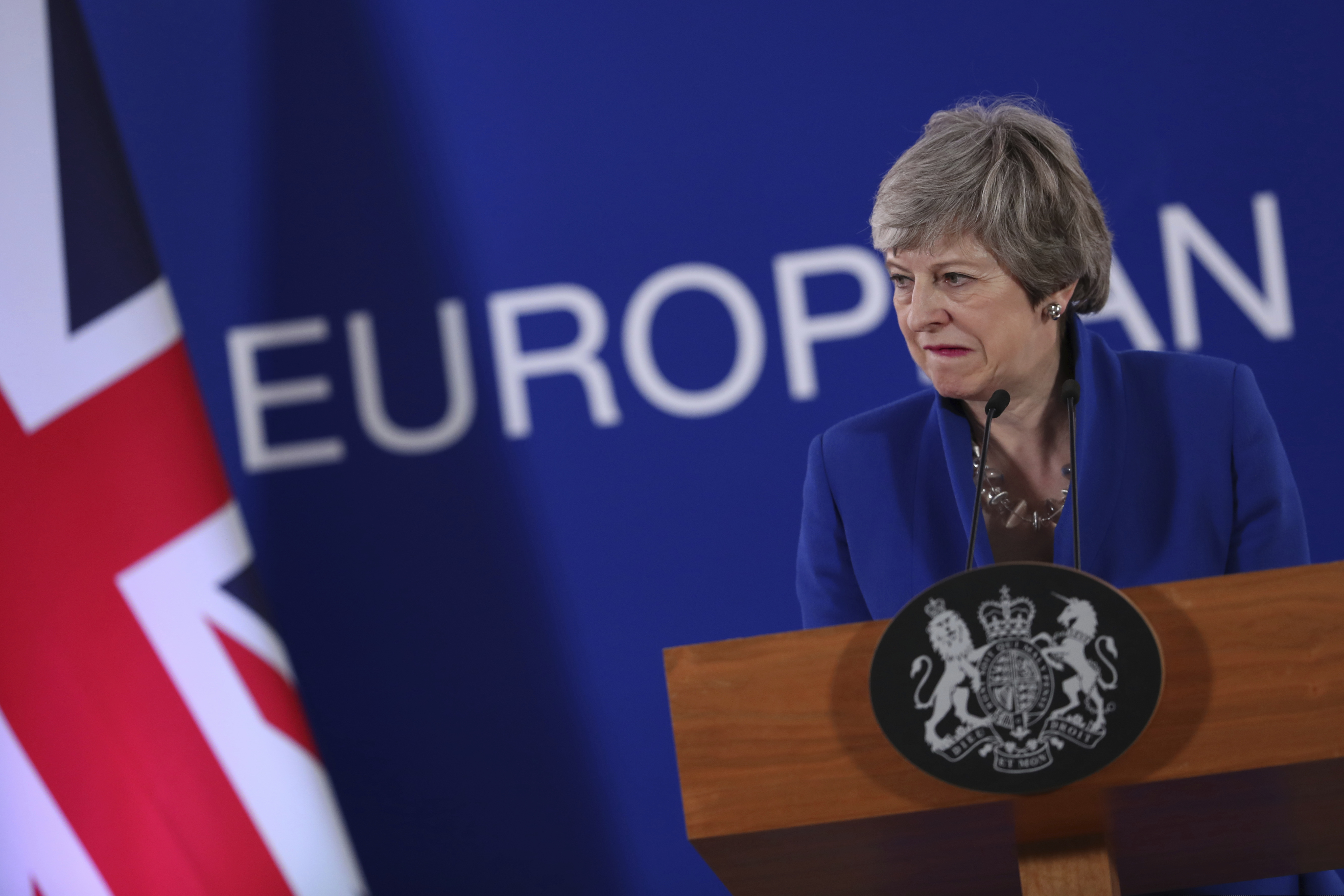 British Prime Minister Theresa May speaks during a media conference at the conclusion of an EU summit in Brussels, Thursday, April 11, 2019. European Union leaders on Thursday offered Britain an extension to Brexit that would allow the country to delay its EU departure date until Oct. 31.