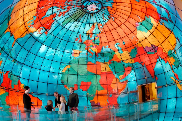 Inside the Mapparium, a three-story, stained glass globe at the Mary Baker Eddy Library in Boston. Tour guides lead visitors through the Mapparium on a glass bridge that's 30 feet long.
