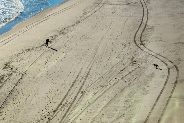 A man and his dog have the beach to themselves in Atlantic City before the storm.