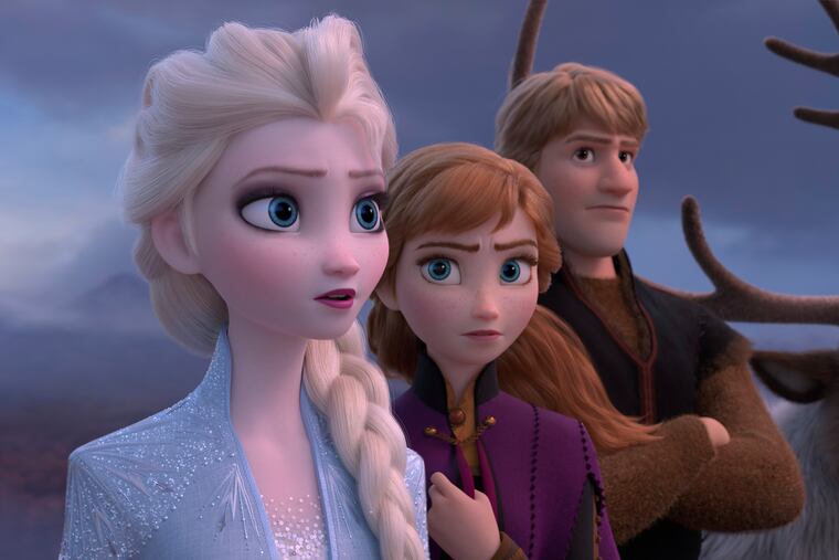 This image released by Disney shows Elsa, voiced by Idina Menzel, from left, Anna, voiced by Kristen Bell, Kristoff, voiced by Jonathan Groff and Sven in a scene from the animated film, "Frozen 2." The film failed to get an Oscar nomination for best animated feature.