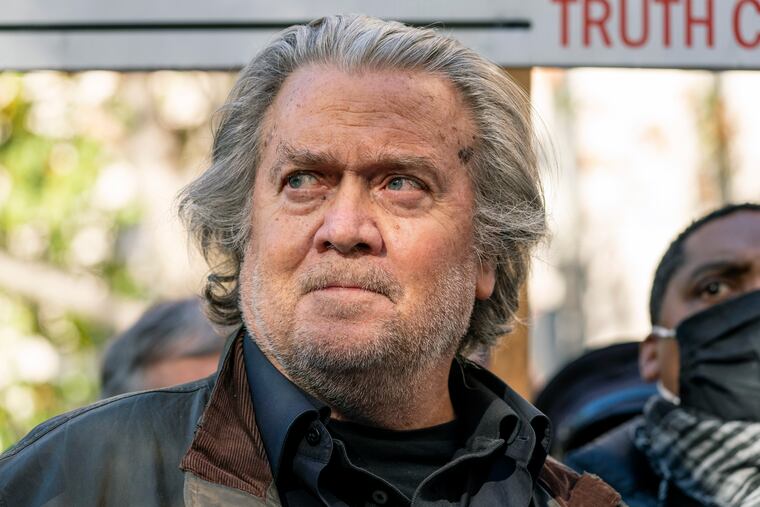 Former White House strategist Steve Bannon is shown speaking with reporters after departing federal court on Nov. 15, 2021, in Washington.