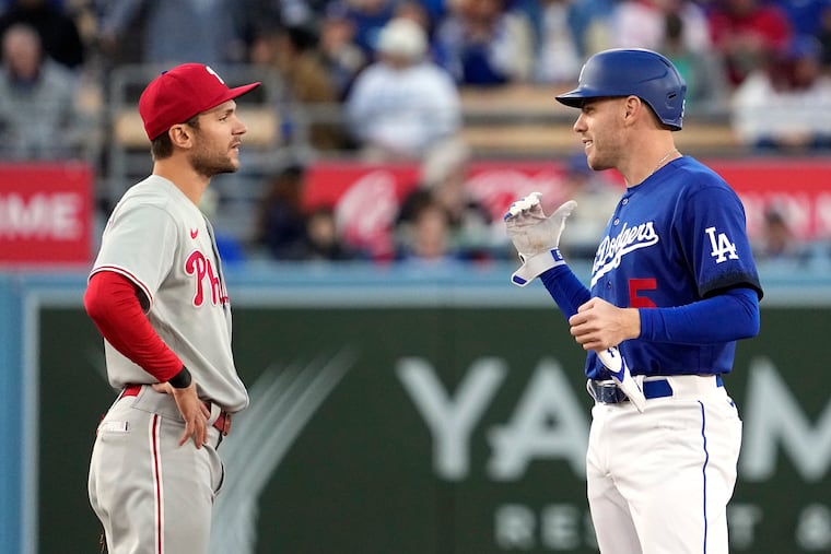 Phillies shortstop Trea Turner and Dodgers first baseman Freddie Freeman were teammates in Los Angeles in 2022.
