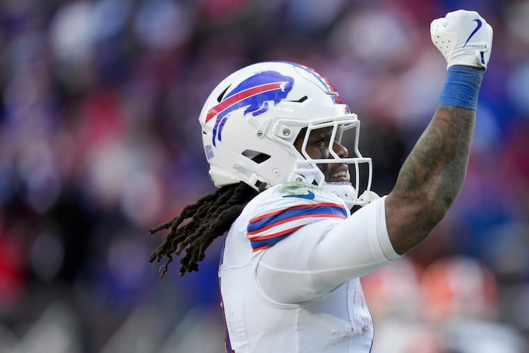 Bills running back James Cook III celebrates his touchdown against the Cleveland Browns during a game on Dec. 21, 2025.