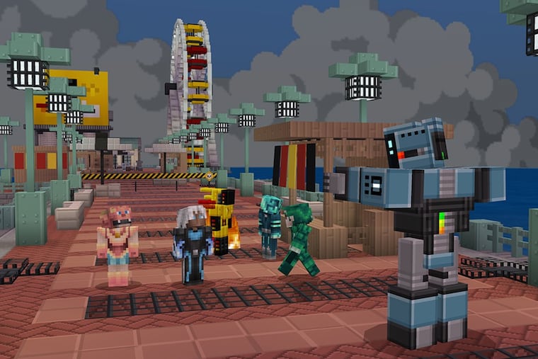 A screenshot of Superhero City in the game Minecraft.