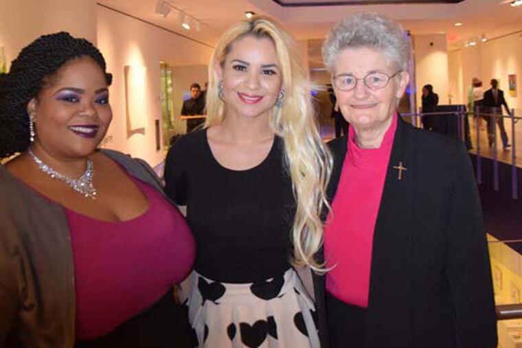 Nadia Frazier (left), Priscilla Diaz, and Sister Anne Marie Haas at the Drueding Center benefit. MAGGIE HENRY CORCORAN) / For the Inquirer