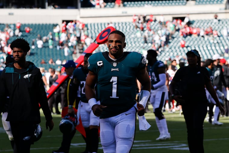 Eagles quarterback Jalen Hurts runs off the field after the Eagles lost to the San Francisco 49ers on Sunday, September 19, 2021 in Philadelphia.