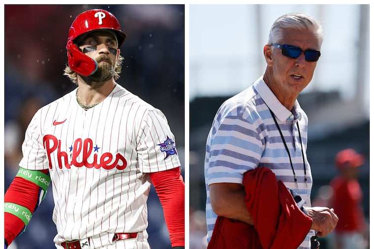 Phillies first baseman Bryce Harper (left) has been vocal about the need for president of baseball operations Dave Dombrowski to make some moves to improve the roster.
