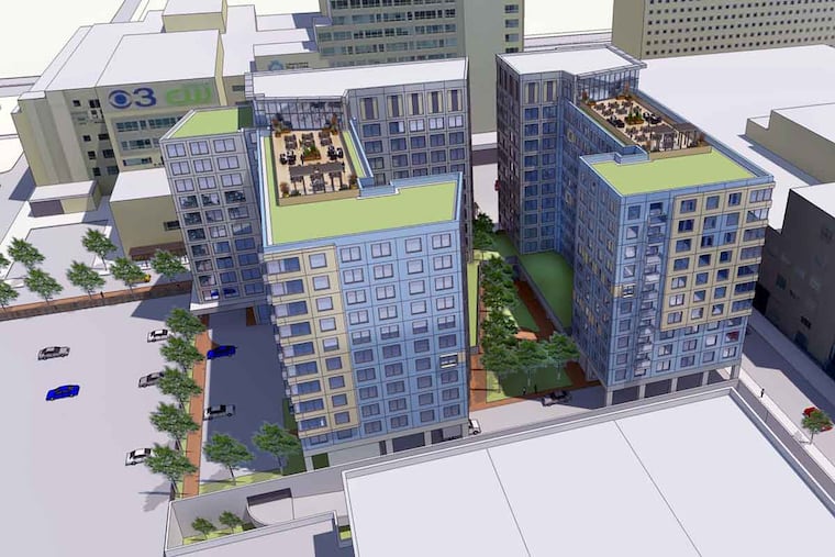 Rendering of a residential complex planned by Community College of Philadelphia and Radnor Property Group, as seen from the south.