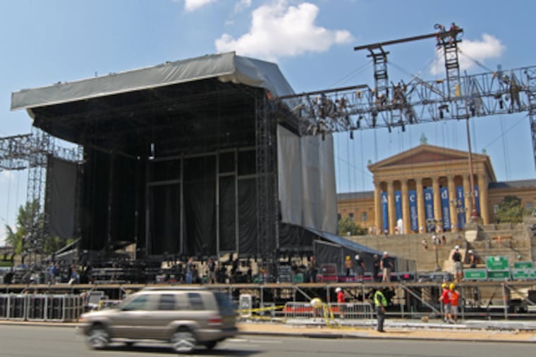 A stage for Made in America under construction near the Art Museum. (Michael Bryant / Staff Photographer)