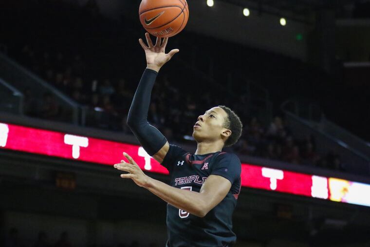 Temple freshman Josh Pierre-Louis shoots a floater in the paint during the first half of the Owls' 70-61 win over USC Friday night in Los Angeles.