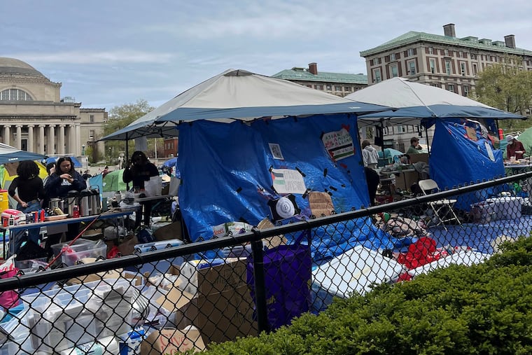 Pro-Palestinian protesters camp out in tents at Columbia University on Saturday in New York.