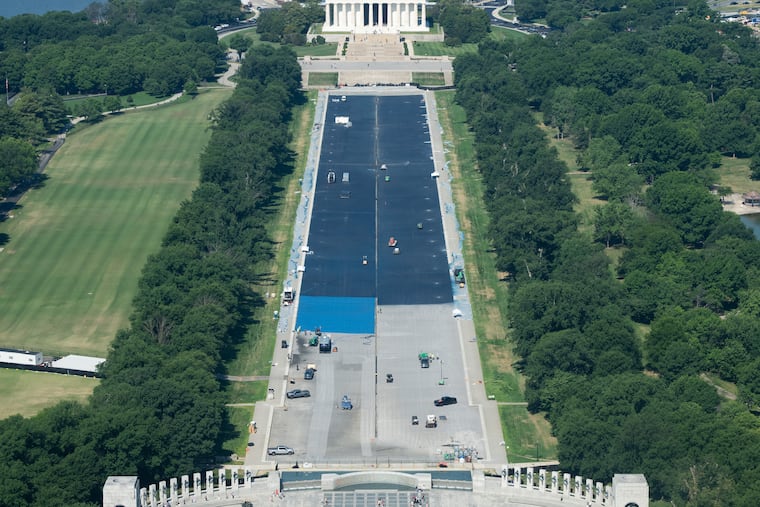 New blue paint on the bottom of the Lincoln Memorial Reflecting Pool in Washington, May 20, 2026. A federal judge seemed hesitant on Thursday to order work on the Lincoln Memorial Reflecting Pool immediately halted and appeared eager to sort out how fundamentally the project — a top priority for President Trump — would alter the site. (Allison Robbert/The New York Times)