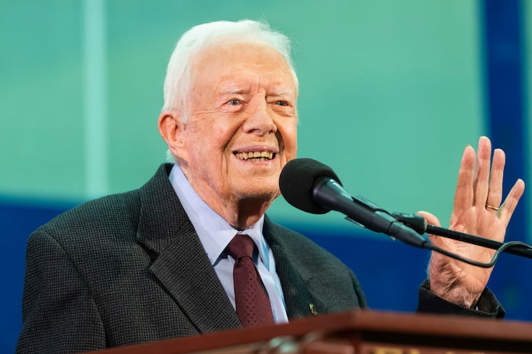 FILE - In this Sept. 18, 2019, file photo former President Jimmy Carter acknowledges a student who's question has been picked for him to answer during an annual Carter Town Hall held at Emory University in Atlanta. Carter turns 95 on Tuesday, Oct. 1.