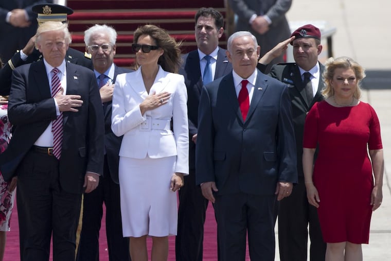 President Trump and his wife Melania with Israeli Prime Minister Benjamin Netanyahu and his wife Sara during the welcoming ceremony in Tel Aviv, on Monday, May 22,2017.