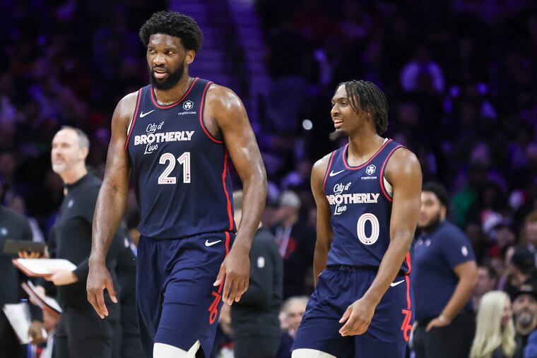Sixers center Joel Embiid (21) and guard Tyrese Maxey are candidates to play in February's NBA All-Star Game.
