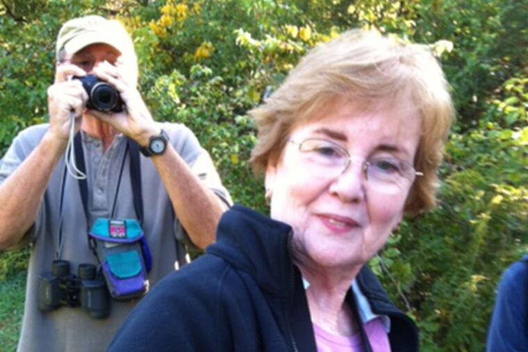 Dot Meluskey on a field trip in Willistown to watch bird banding in a Widener course called "For the Love of Birds."