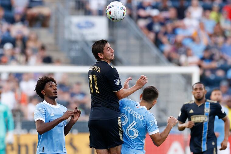 Union midfielder Alejandro Bedoya (center) hopes to play against New York City FC on Sunday.