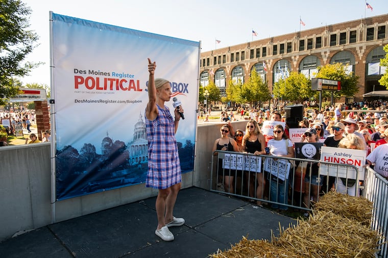 U.S. Representative and Republican candidate for U.S. Senate Ashley Hinson of Iowa speaks at the Iowa State Fair in Des Moines, Iowa on Monday, Aug. 17, 2026. A plan to lower tariffs on imported beef and trade tensions with Canada have compounded some G.O.P. worries about a central issue in the midterms.