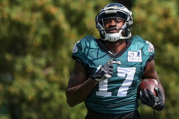 Eagles wide receiver Alshon Jeffery runs after catching the ball during practice at the NovaCare Complex in South Philadelphia on Wednesday, Sept. 4, 2019.