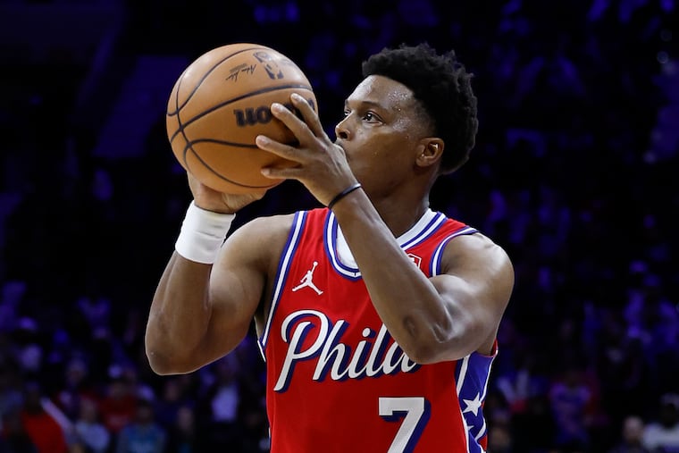 Sixers guard Kyle Lowry taking a shot against the Charlotte Hornets on Friday. The Philadelphia native hasn't yet taken the time to reflect on his career accomplishments.