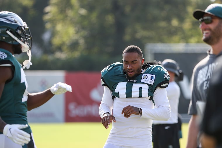 Eagles wide receiver DeSean Jackson (10) dances before stretches during training camp at the NovaCare Complex in South Philadelphia on Thursday, Aug. 01, 2019.
