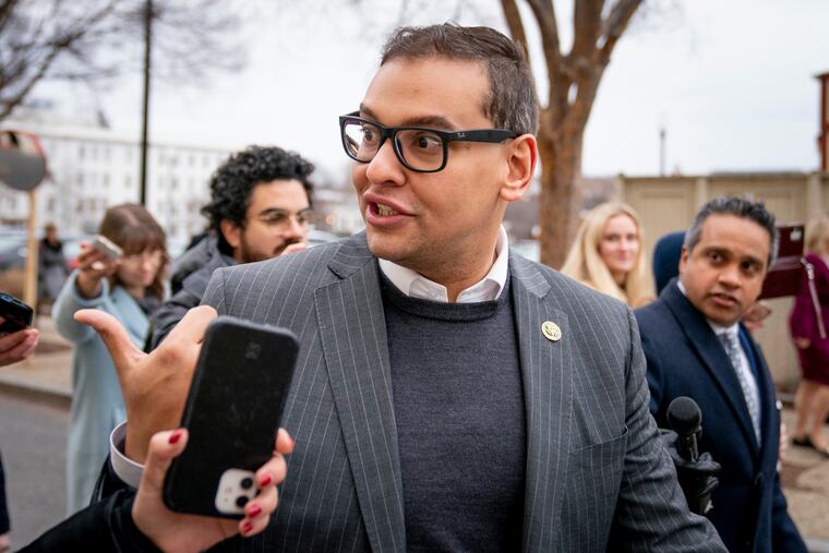 Rep. George Santos, R-N.Y., leaves a House GOP conference meeting on Capitol Hill in Washington, Jan. 25, 2023.