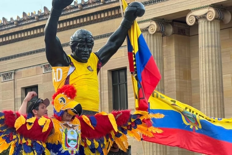 The Ecuadorian team jersey on the Rocky statue was made by a fan who wanted to bring good luck to his team.