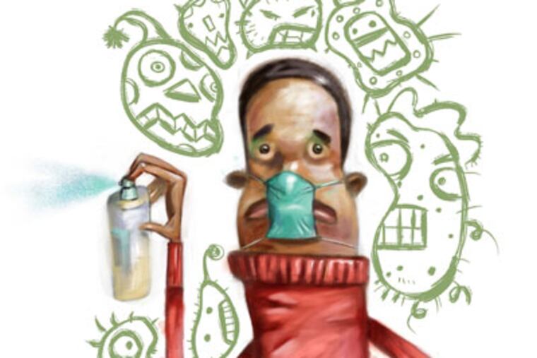 A Tim Lee color illustration of a germiphobe in surgical mask, long-sleeves and armed with sprays, surrounded by creepy bacteria in the bathroom. The News&Observer (Raleigh, N.C.) 2008