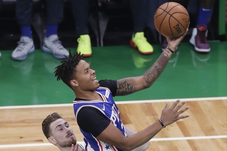 Markelle Fultz tries to put a layup past the Celtics' Gordon Hayward during the first quarter on Tuesday.