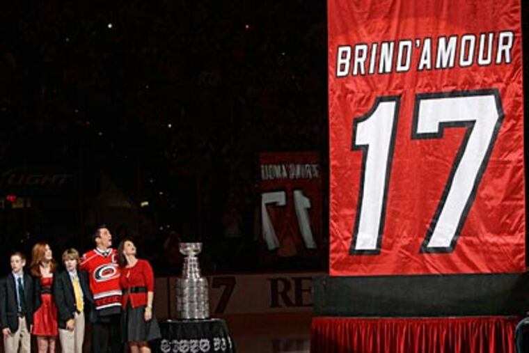 The Hurricanes retired former Flyer Rod Brind'Amour's jersey Friday night. (Gerry Broome/AP Photo)