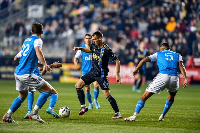 Daniel Gazdag (center) on the ball during the first half of the Union's game against Charlotte FC at Subaru Park.