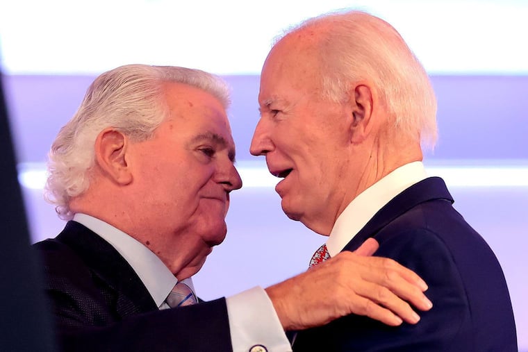 Former U.S. Rep. Bob Brady, now chairman of the Philadelphia Democratic Party, greets former President Joe Biden at a fundraiser in October.