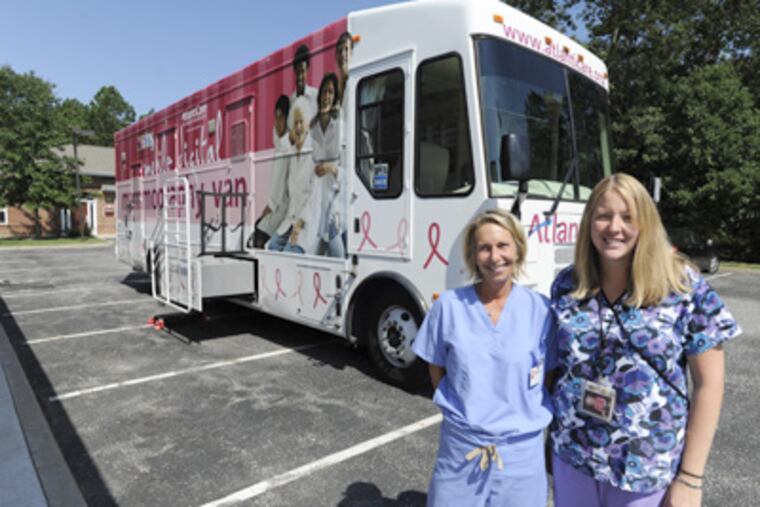 Sue Antonczak (left) and Sharon Armstrong with the $740,000 Mobile Mammography Unit, made possible by the RNS Cancer & Heart Fund, which is marking 50 years of philanthropy. (Ron Tarver / Staff Photographer)
