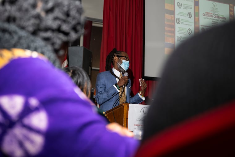 Michael Coard, who was instrumental in creating the President's House slavery memorial, speaks at Mother Bethel A.M.E. Church on Saturday, Jan. 24, 2026.