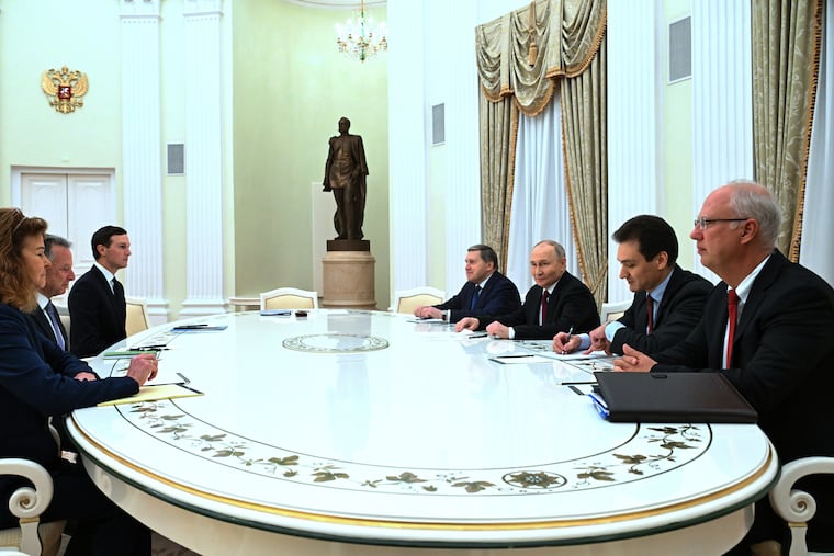 Russian President Vladimir Putin (third from right), Russian presidential foreign policy adviser Yuri Ushakov (fourth from right), and Russian Direct Investment Fund CEO Kirill Dmitriev (right) attend the talks with U.S. special envoy Steve Witkoff (second from left) and Jared Kushner (thrid from left) on Tuesday at the Kremlin.